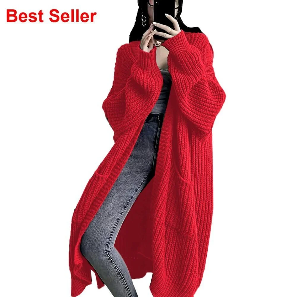 Oversized Long Cardigan Sweater with Pockets, Chunky Cable Knit, Open Front